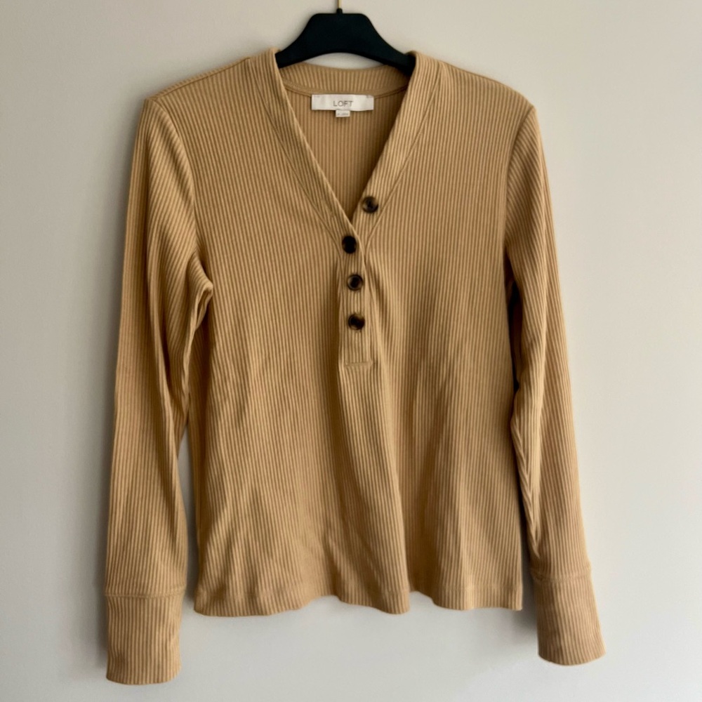 LOFT Tan Long Sleeve Ribbed Henley Top